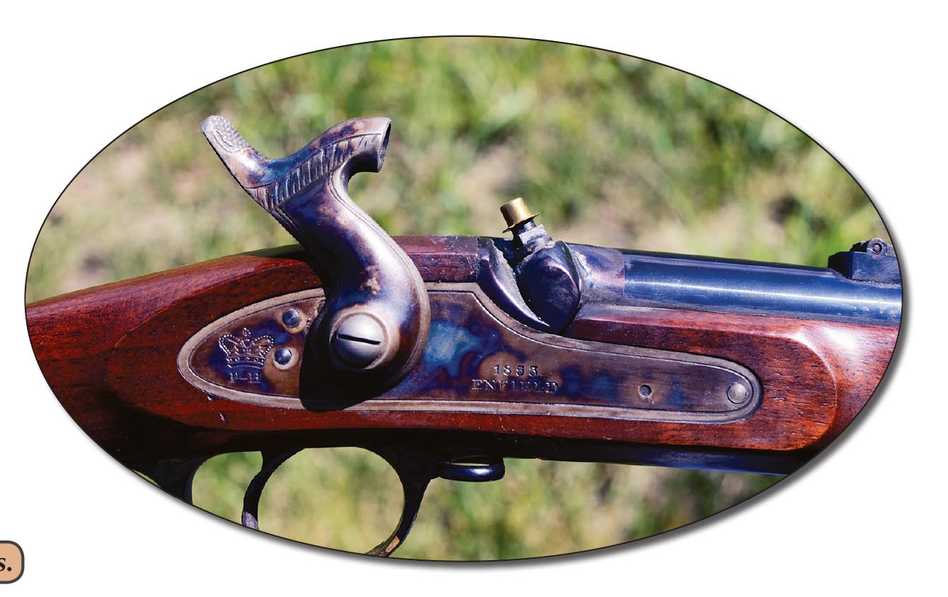 This close up shows the large musket type “top-hat” percussion cap used on rifle-muskets.